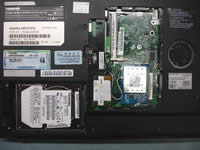 Toshiba Satellite A85. Remove hard drive, wireless card, modem